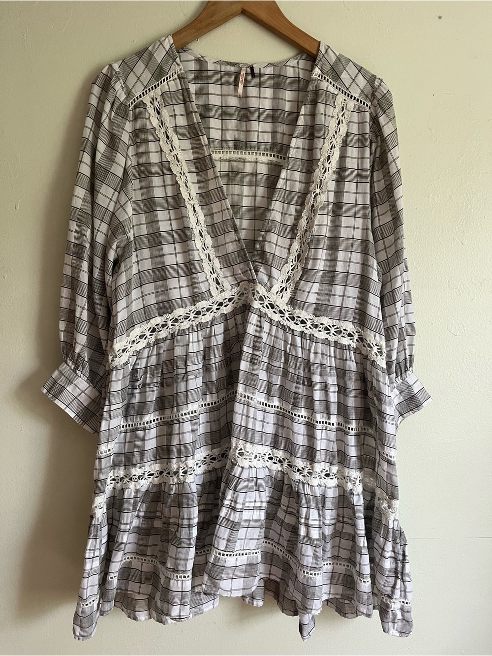 Free People Gray Plaid Lace-Trim V-Neck Tunic Dress